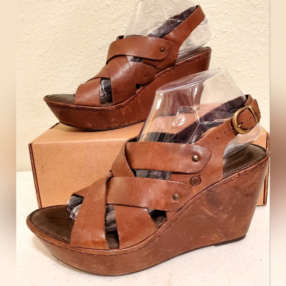 Sz 8/39 BORN Brown Leather Covered Platform Wedge Boho Cross Strap Sandals - Picture 2 of 9